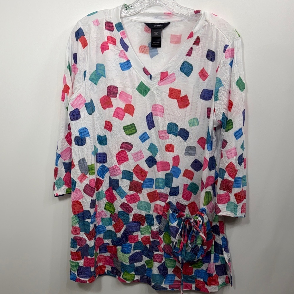 Ali Miles colorful V-neck tunic top front pocket size small.
